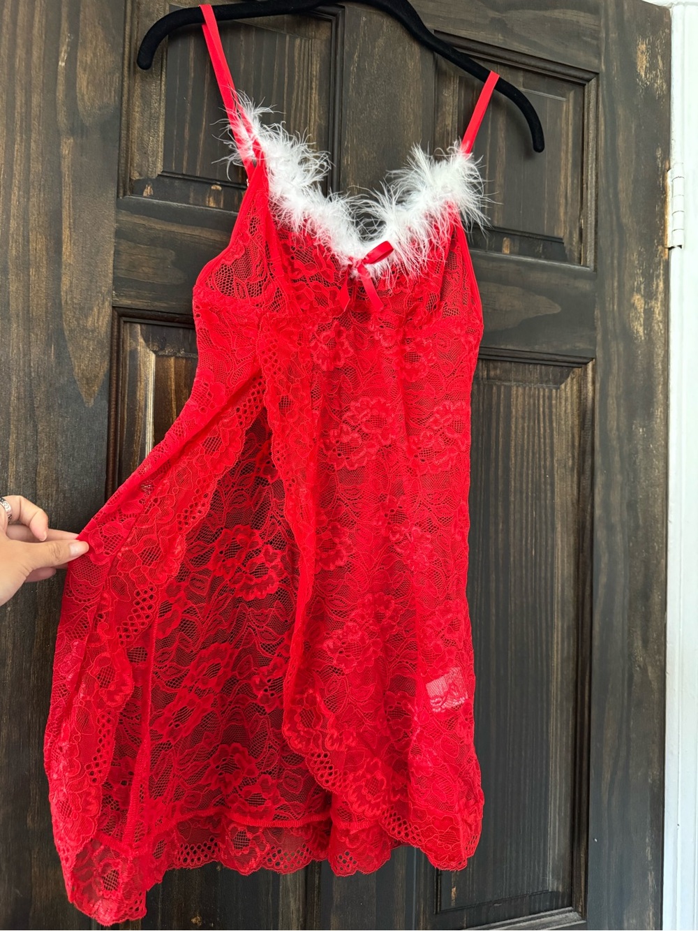 Red Lace Santa Christmas Babydoll Lingerie Chemise with Marabou Feather Trim